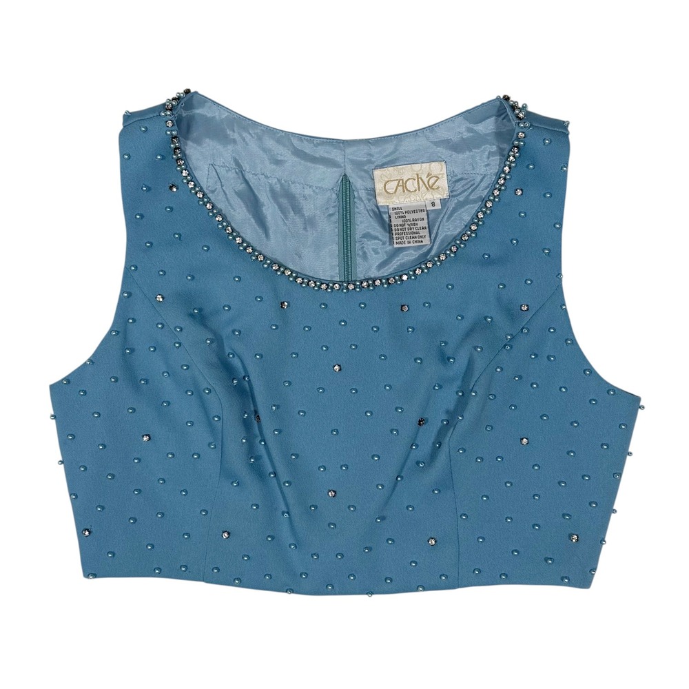 Vintage Cache Blue Beaded Pearl Rhinestone Crop Top Evening Sleeveless Size 8